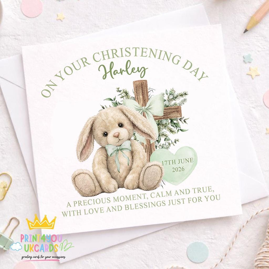 Personalised square christening card featuring a blue bunny design for a baby boy