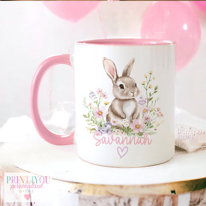 White ceramic mug personalised with a name and printed with a floral bunny rabbit design