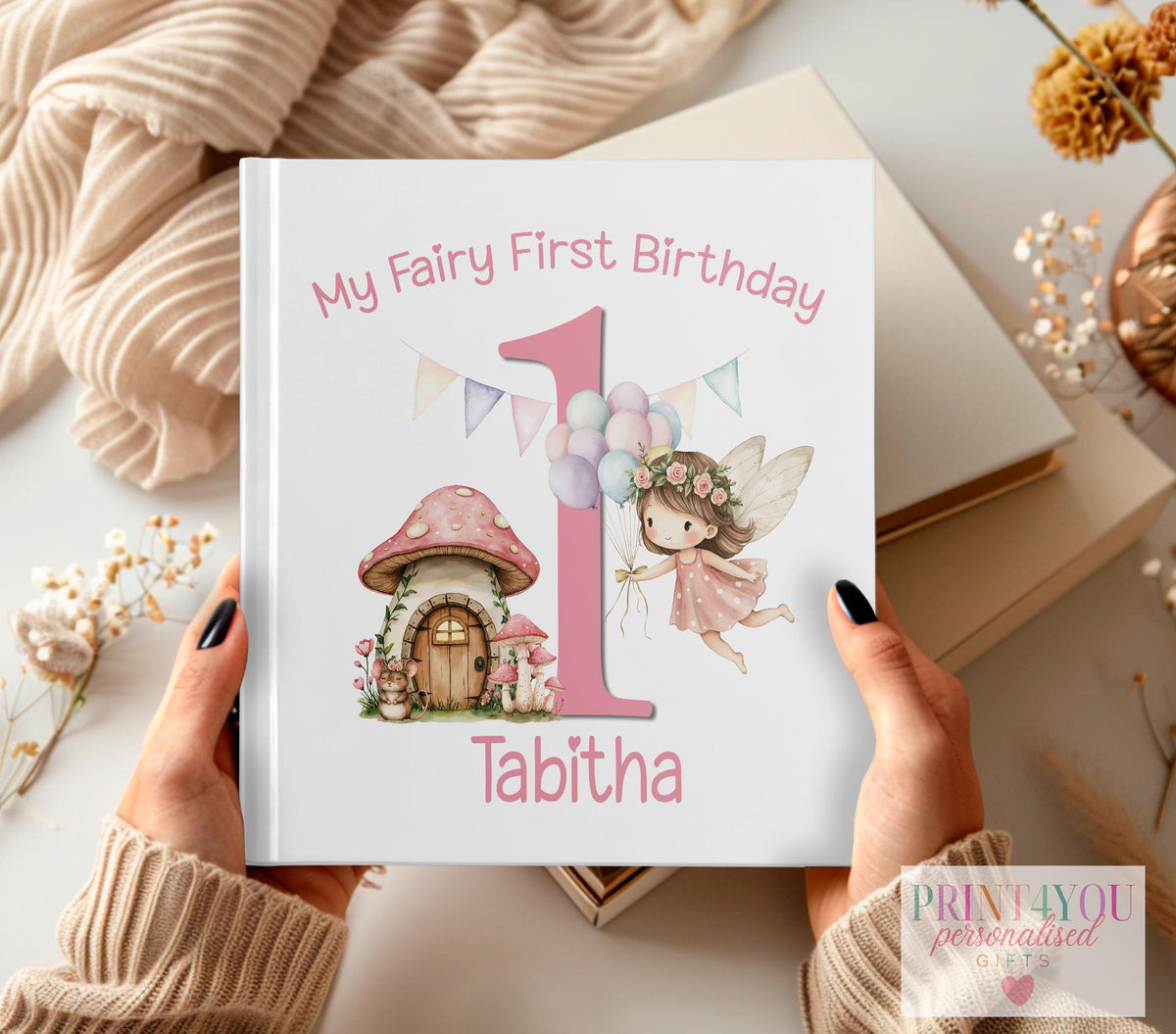 Personalised magical fairy themed baby photo album with pastel pink cover and custom name