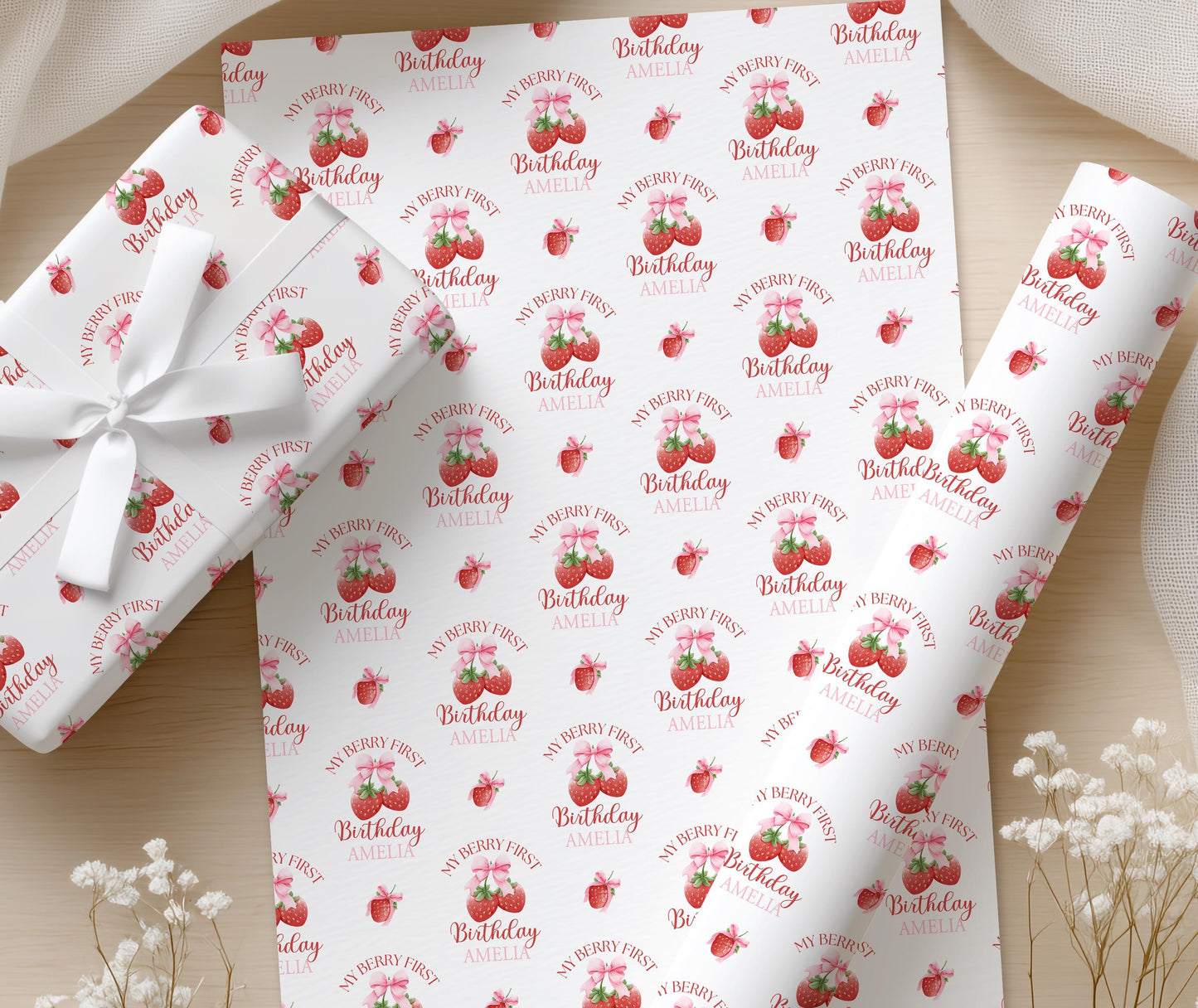 Close-up detail of the personalised strawberry wrapping paper pattern