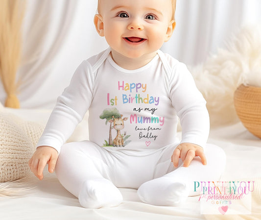 Personalised 'Happy 1st Birthday as my Mummy' giraffe bib, printed with a pink heart and your baby's name.