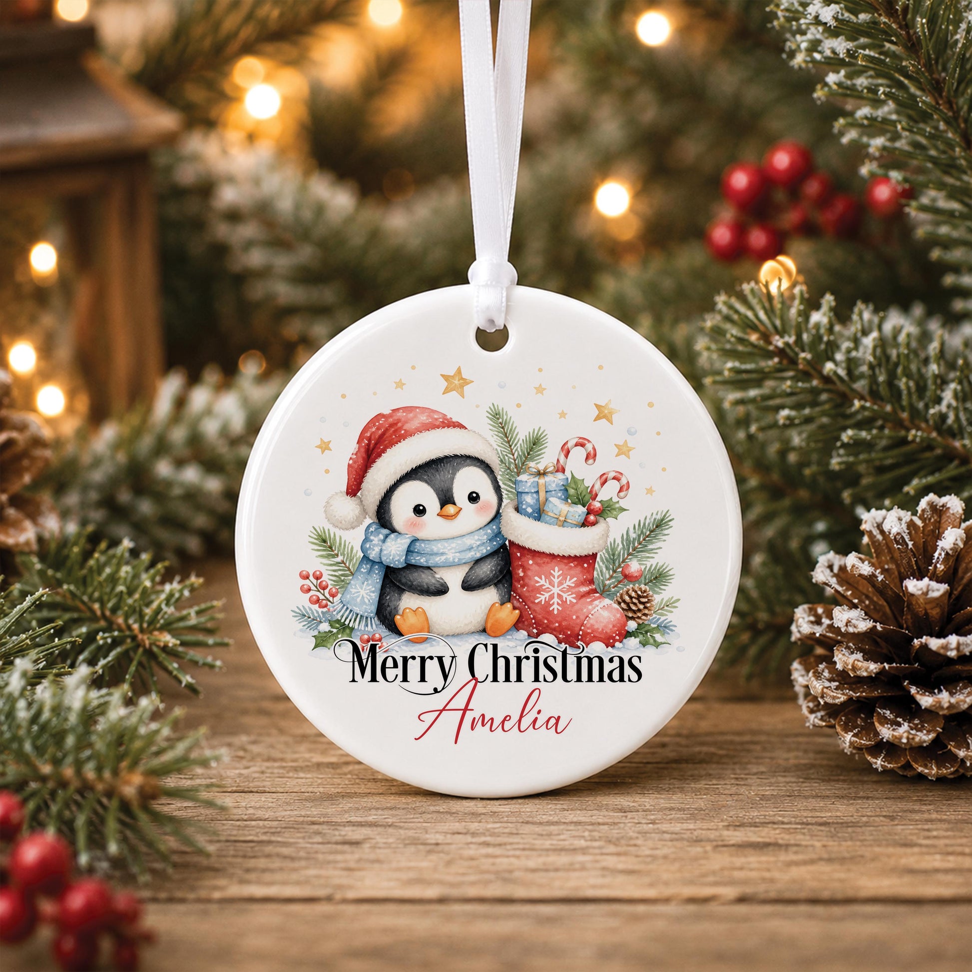 Personalised penguin Christmas bauble, white ceramic ornament with a penguin in a Santa hat beside a stocking of presents, printed with Merry Christmas and a name