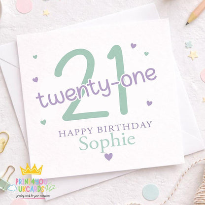 Personalised square 21st birthday card with a milestone age design