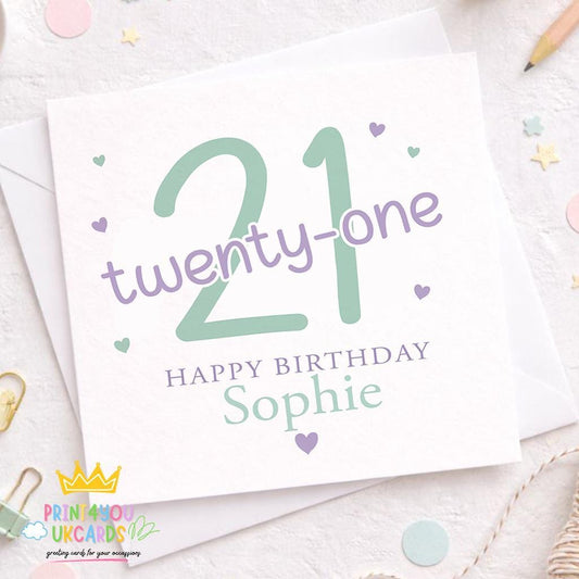 Personalised square 21st birthday card with a milestone age design