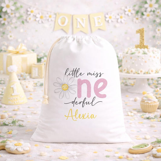 Personalised 'One-derful' birthday sack laid flat, showing the daisy design and printed name