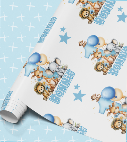 The image is a collage of various animal illustrations, including elephants, lions, and other wildlife, along with blue balloons and stars. The text "Ronnie" is prominently displayed, suggesting the image is related to a baby or a celebration named "Ronnie".