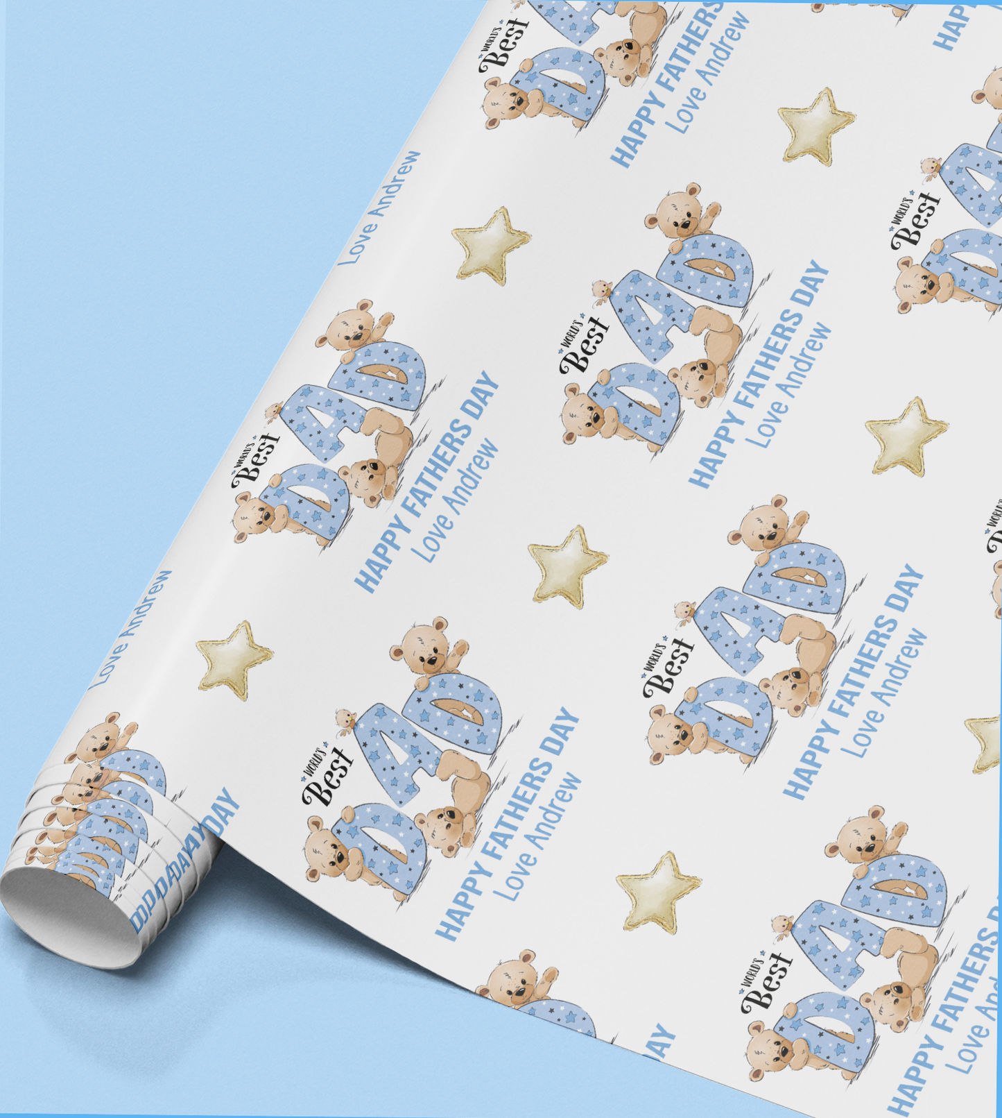 Close-up of the Father's Day teddy bear wrapping paper pattern showing the personalised name in print