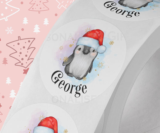 Personalised Xmas Penguin Sticker – Christmas White Gloss 5cm Stickers – Perfect for Christmas Party Bags, Gift Wrapping, and More! - Strips (5cm each)