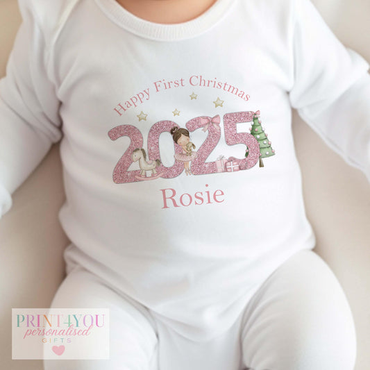 Pink Glitter Ballerina Christmas Sleepsuit – Personalised 2025 Baby Girl Keepsake