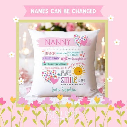 Personalised Nan cushion styled on a sofa, 40x40cm decorative pillow