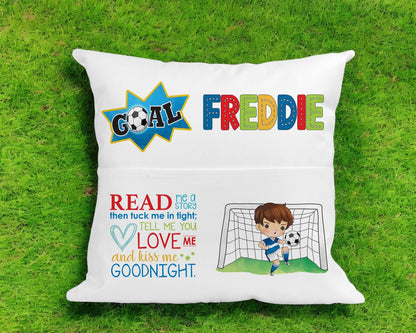 Close-up of personalised football cushion showing book pocket holding a storybook