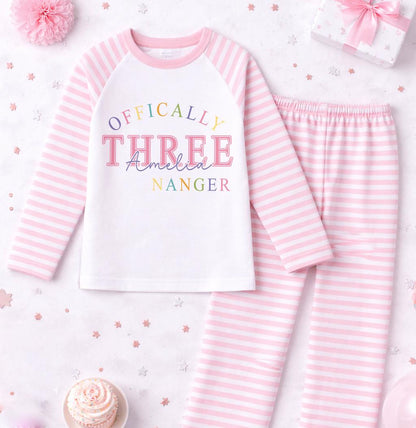 Front view of pink 3rd birthday pyjama set showing the personalised name print