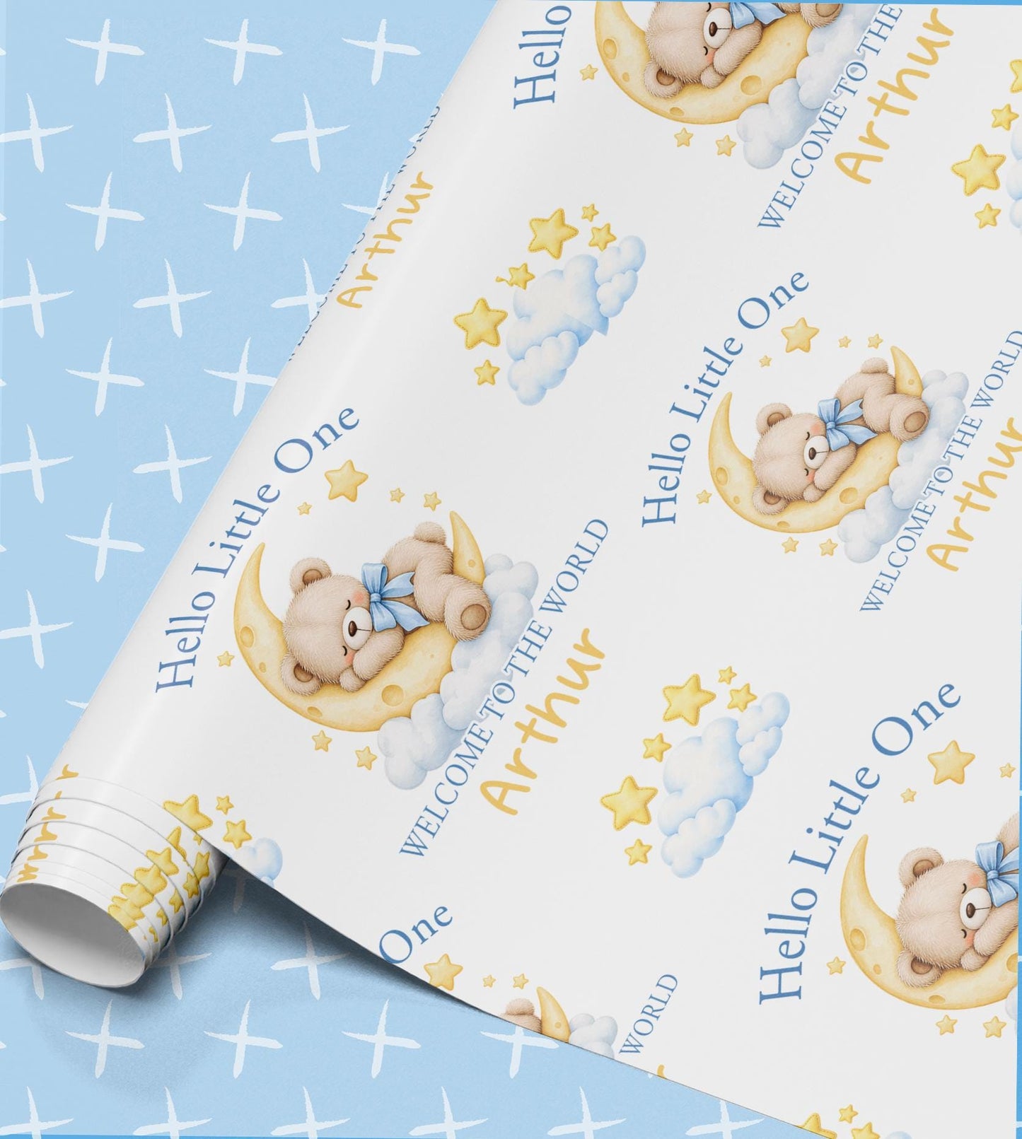 Personalised Hello Little One new baby wrapping paper roll with teddy bear on a moon, stars and the name Arthur