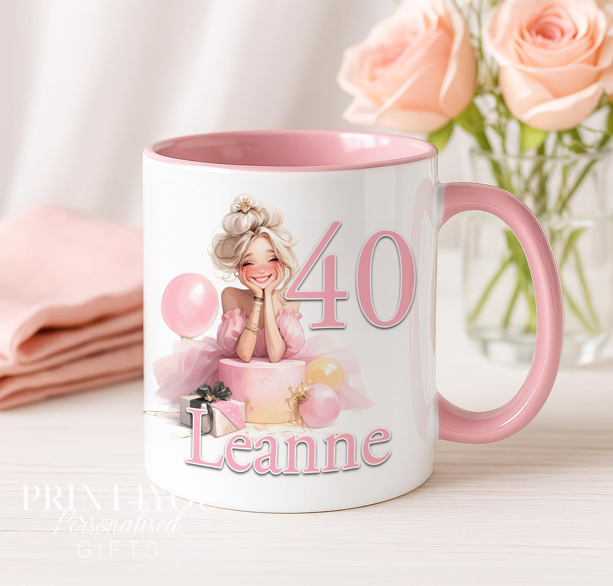Personalised pink milestone birthday mug, design option 1, with name and age