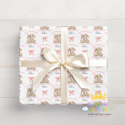 Gift wrapped in the personalised pink rabbit wrapping paper, finished with ribbon