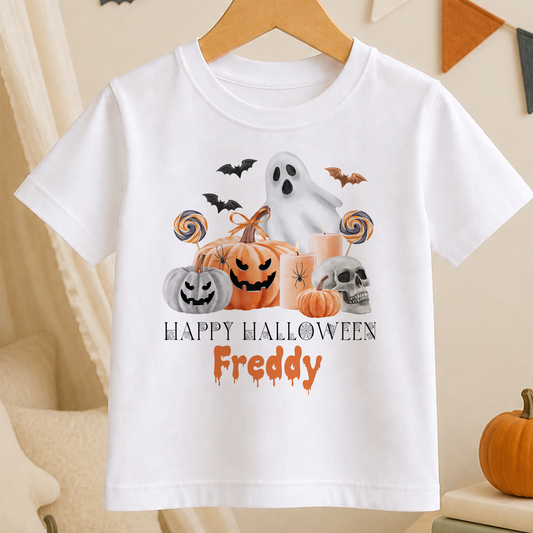 A white t-shirt with a Halloween-themed graphic design, including a ghost, pumpkins, bats, and a candle. The text "HAPPY HALLOWEEN Freddy" is printed below the design.
