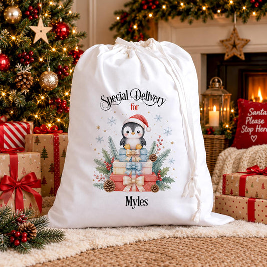Personalised Penguin Christmas Sack | Name Santa Sack For Kids UK