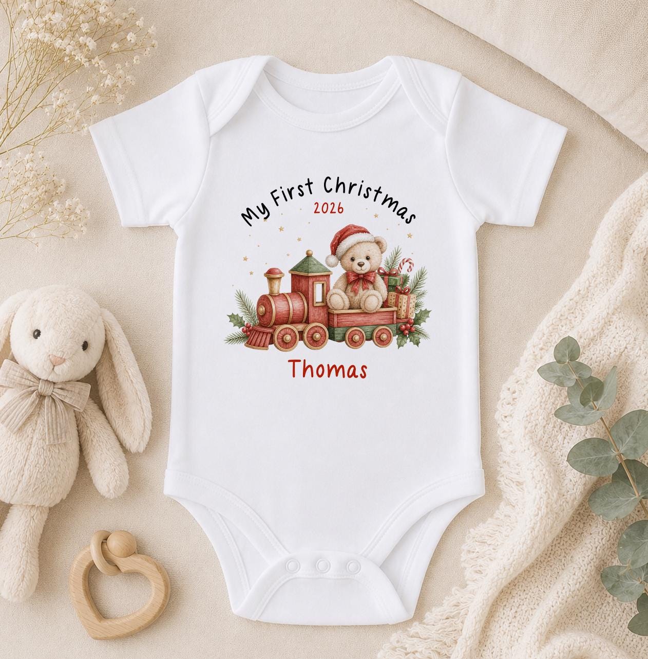 Personalised Baby Christmas Outfit - Teddy Bear Train, First Christmas 2026