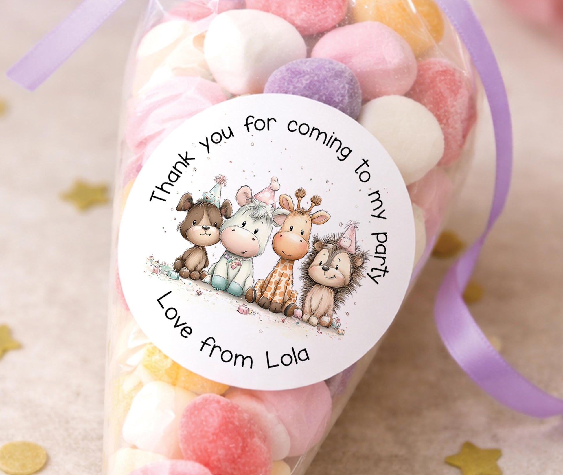 Personalised round safari animal stickers printed with a child's name, showing jungle-themed designs for party bags and favours.