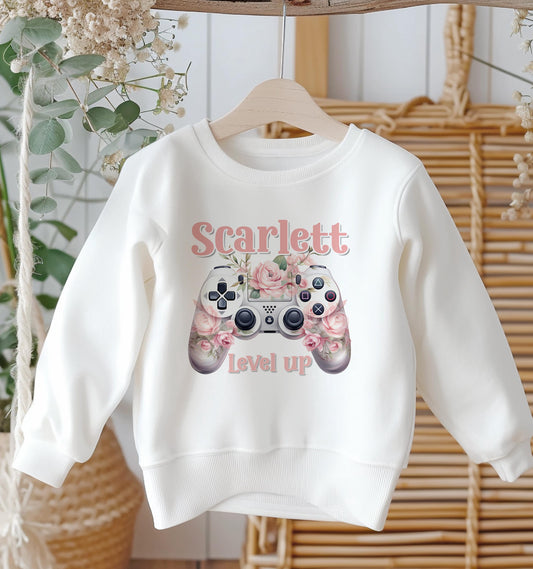 Personalised Sweatshirt Jumper For Children. White Cotton Sweatshirt – Girls Flower Gaming Controller and name - 6-12m