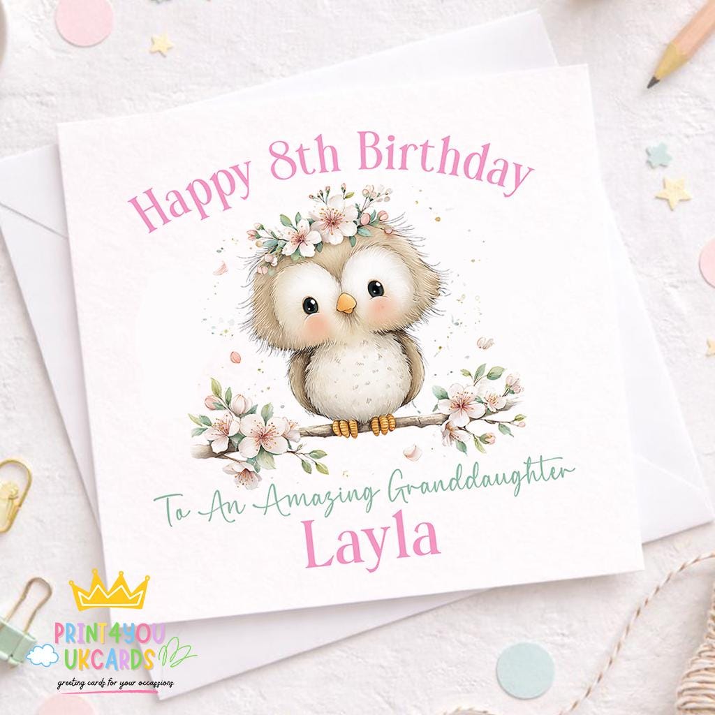 Personalised owl birthday card with pastel floral design