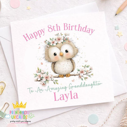 Personalised owl birthday card with pastel floral design
