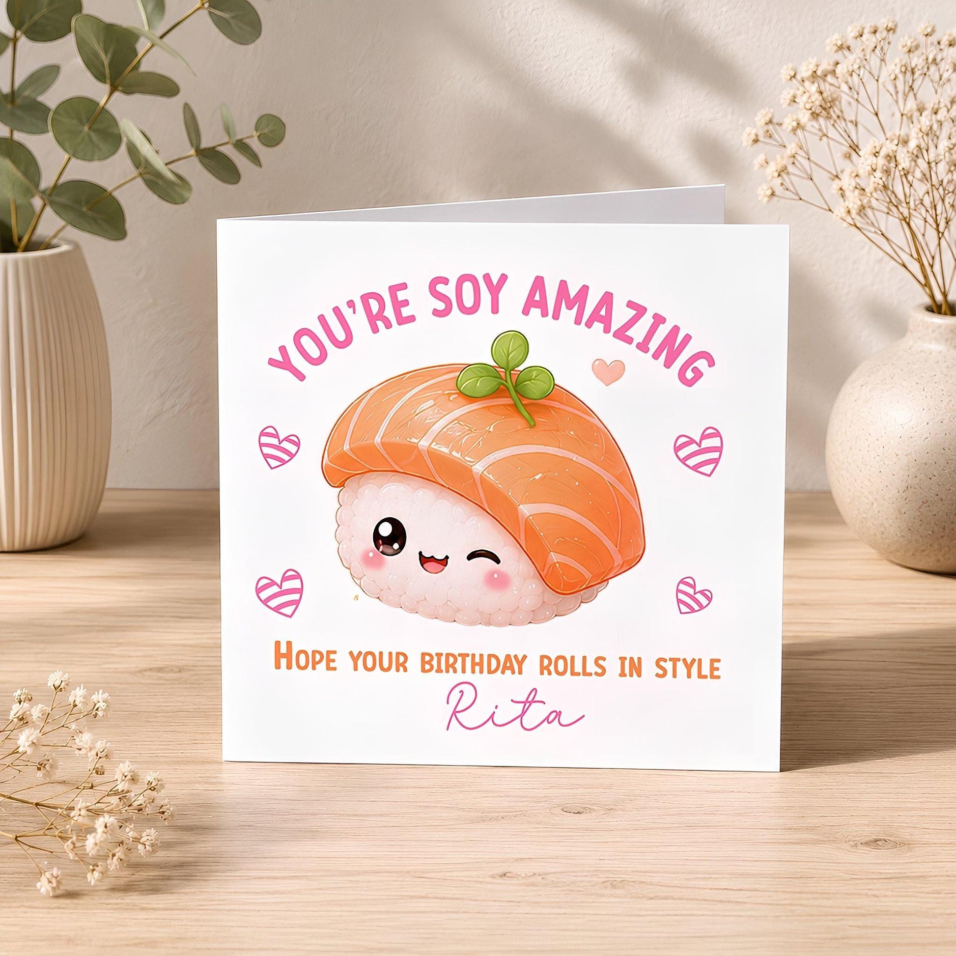 Personalised sushi birthday card with kawaii salmon design