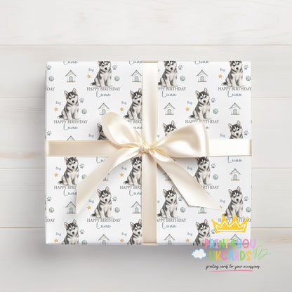 Roll of personalised Husky wrapping paper packaged in a postal tube ready for delivery.