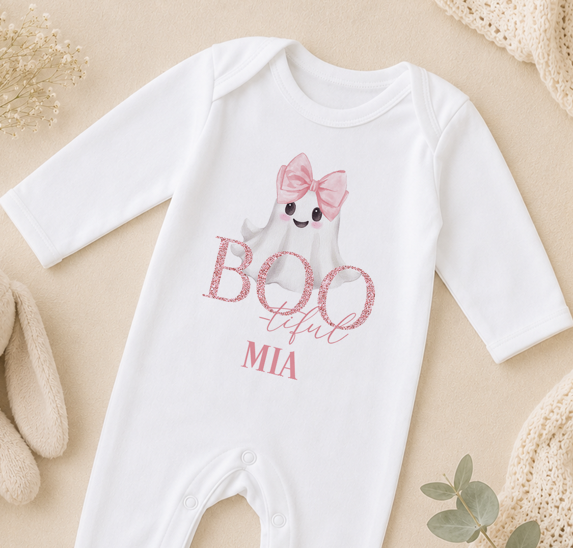 A white onesie with a ghost character and the text "BOO FUL" printed on it, along with the name "MIA" below the character.