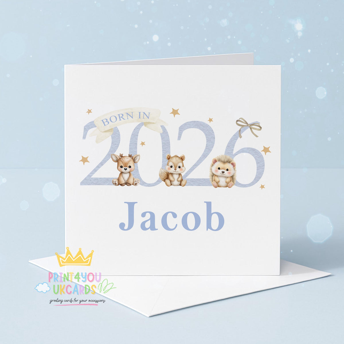 Second view of the blue woodland newborn baby keepsake card, shown as a square 350gsm printed card.