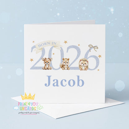 Second view of the blue woodland newborn baby keepsake card, shown as a square 350gsm printed card.
