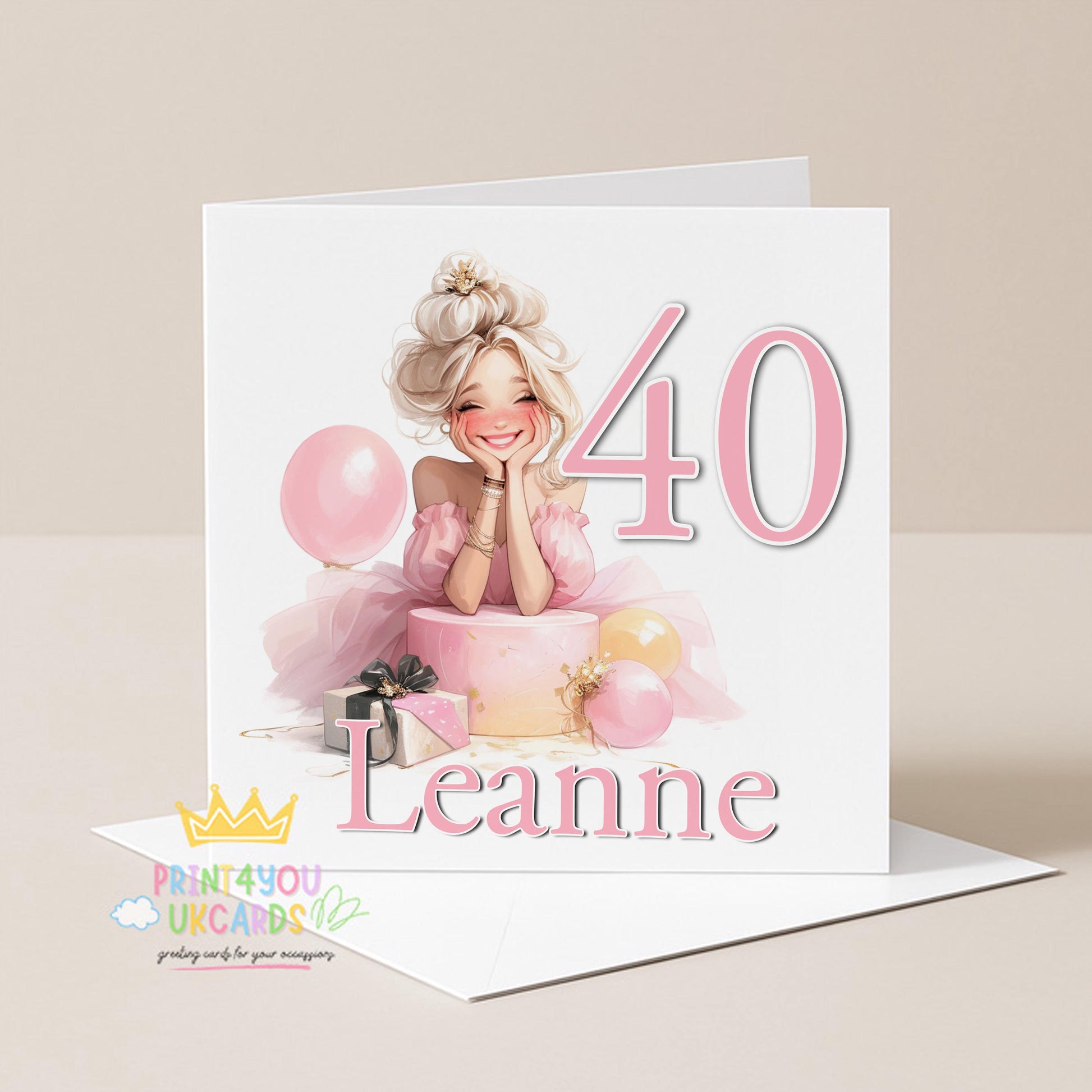 Square milestone birthday greeting card shown at an angle to display the pink celebration design and card stock.