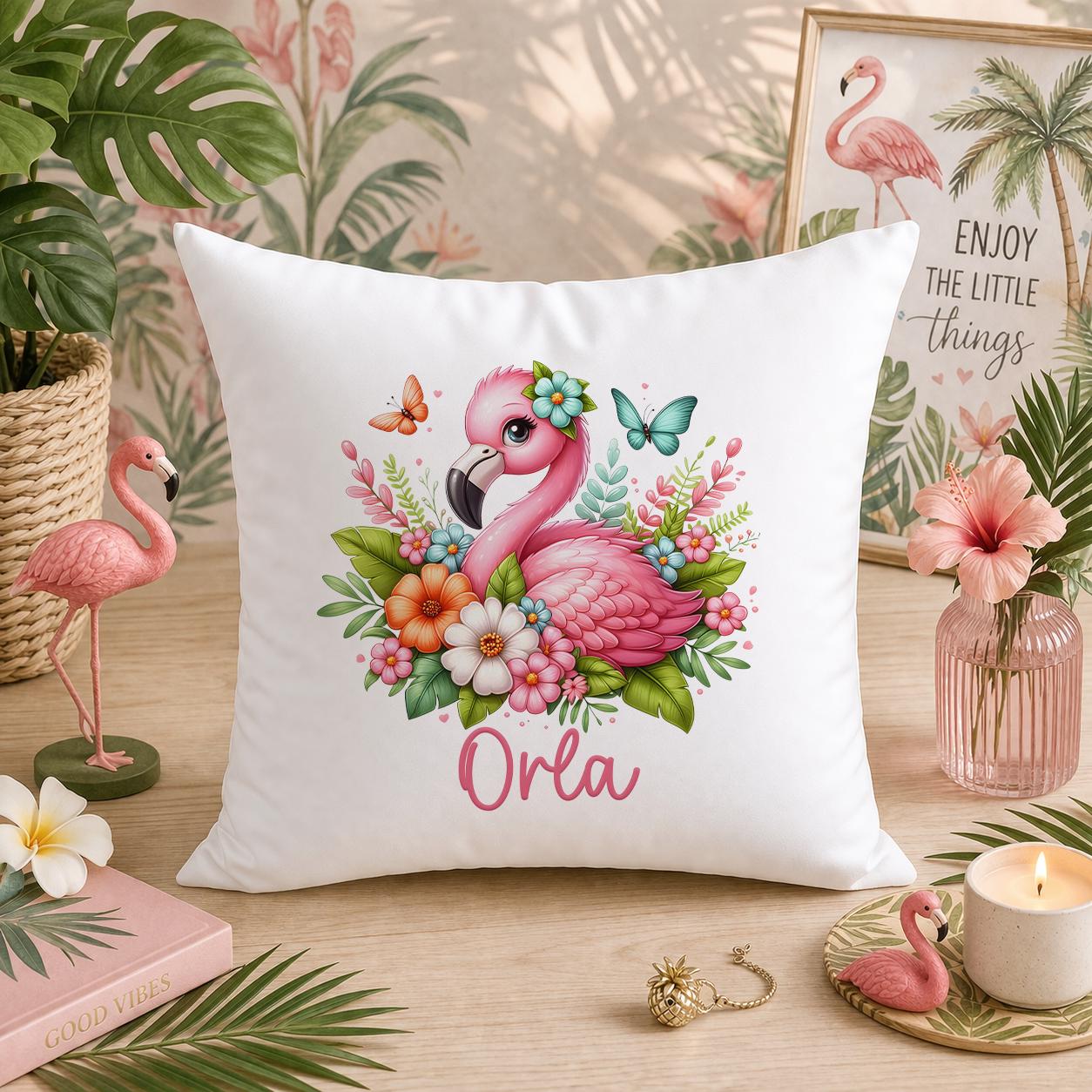 Personalised flamingo cushion with a child's name printed on tropical pink design