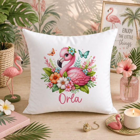 Personalised flamingo cushion with a child's name printed on tropical pink design