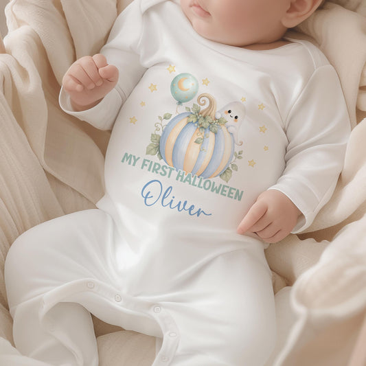 Personalised white baby sleepsuit featuring a pastel blue pumpkin, cute ghost and My First Halloween wording with a name.