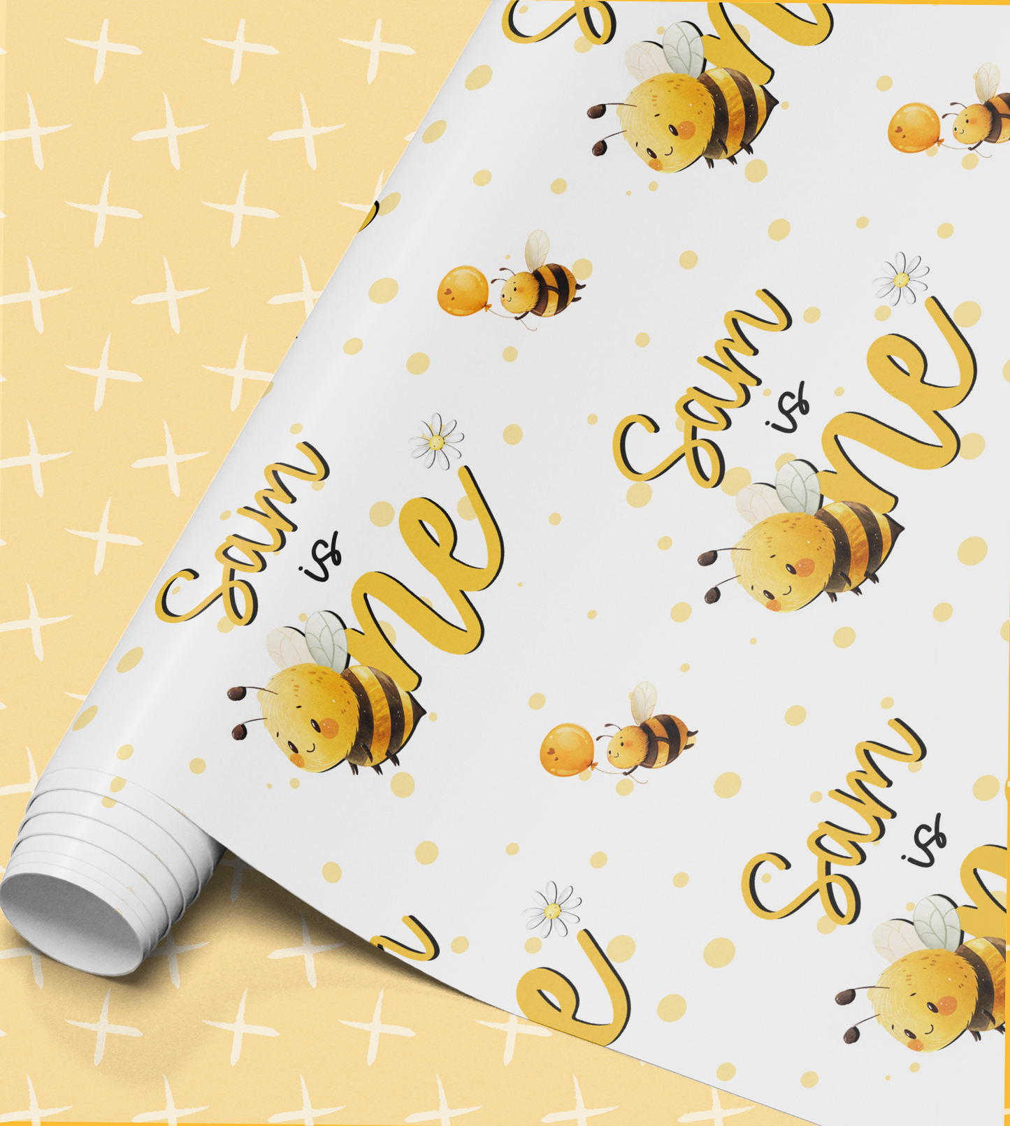 a repeating pattern of cartoon bees on a yellow background.