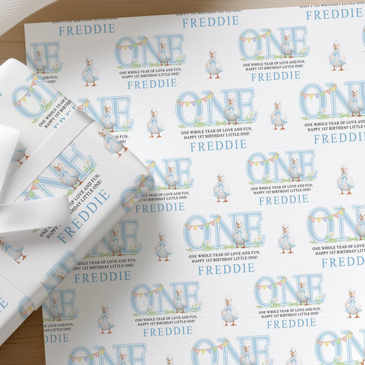 Printed birthday wrap shown as wrapping paper
