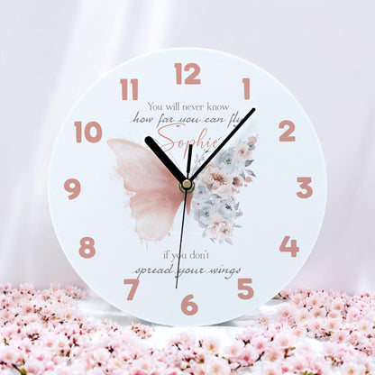 Personalised white gloss acrylic wall clock with blush butterfly design and positivity quote, 24.5cm wide