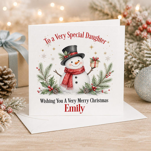 Personalised snowman Christmas card, white 6x6 inch square card printed with a snowman in a black top hat and red scarf with a name