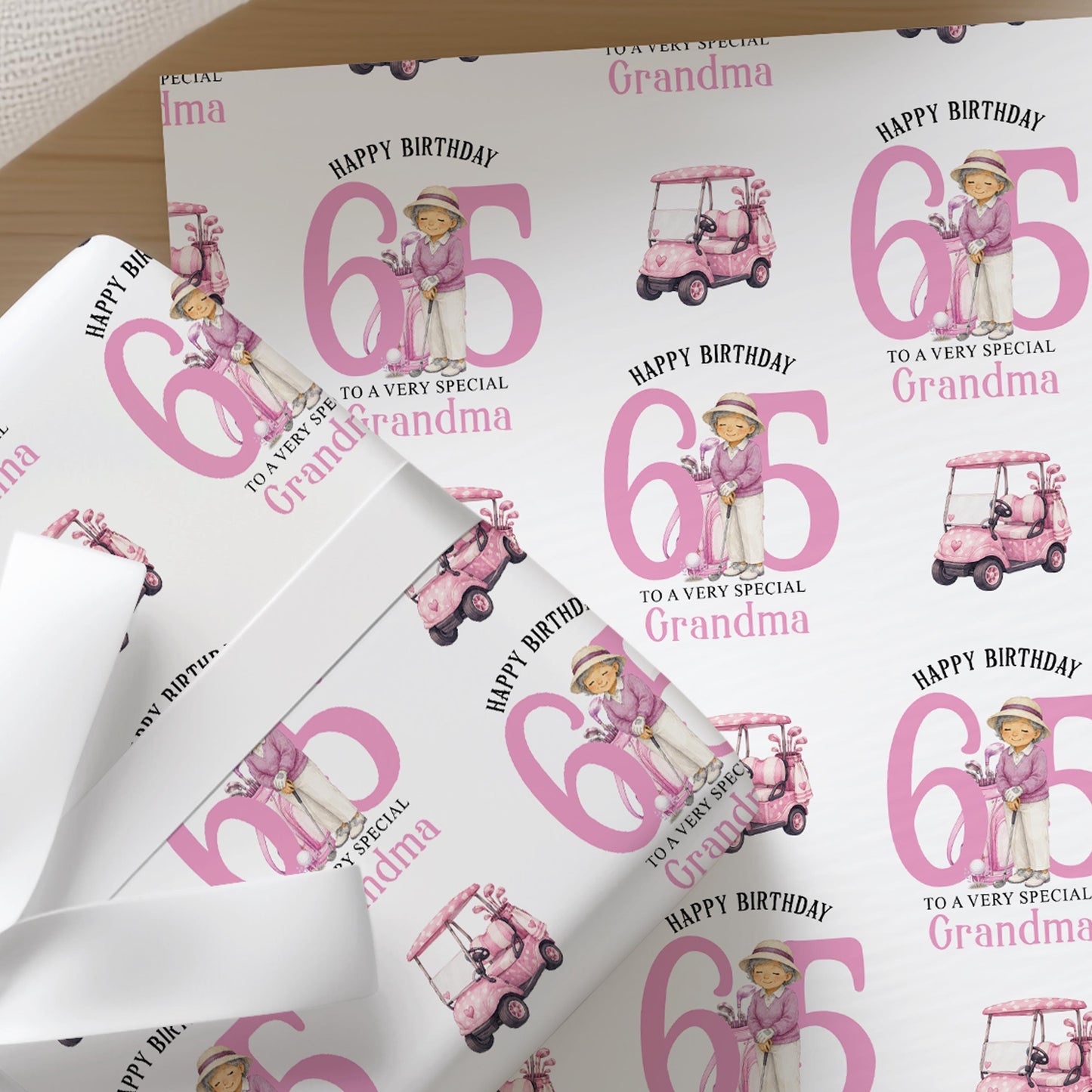 Personalised golf wrapping paper featuring a lady golfer and a pink golf buggy, with custom age printed across the sheet.