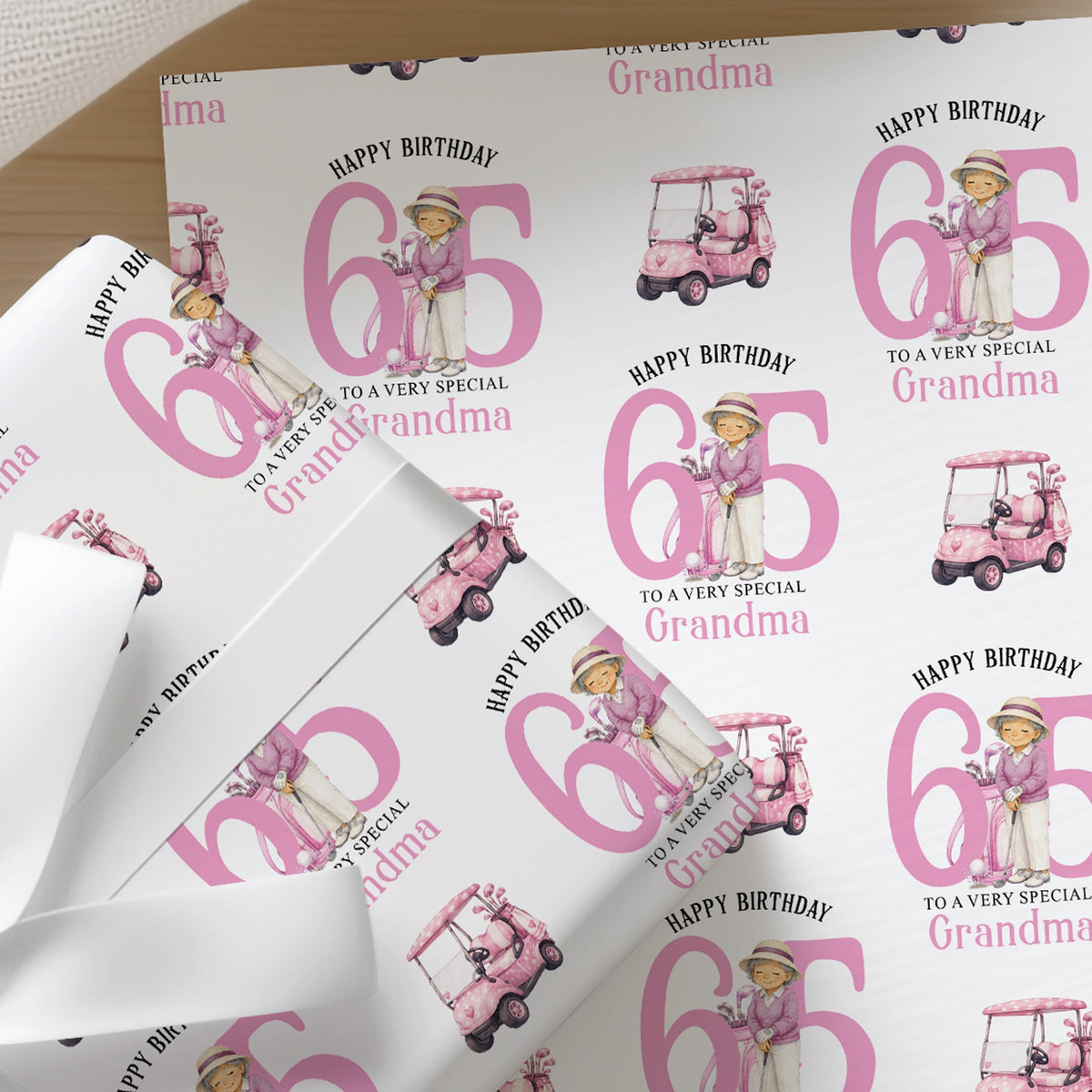 Personalised golf wrapping paper featuring a lady golfer and a pink golf buggy, with custom age printed across the sheet.