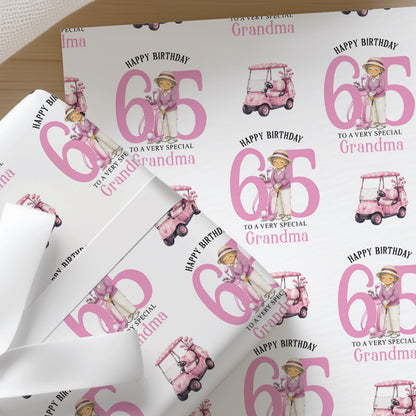 Personalised golf wrapping paper featuring a lady golfer and a pink golf buggy, with custom age printed across the sheet.