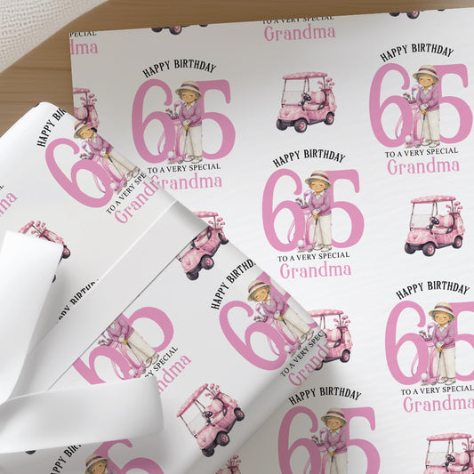 Personalised golf birthday wrapping paper featuring a lady golfer, pink golf buggy, custom name, age and relation, birthday gift wrap.