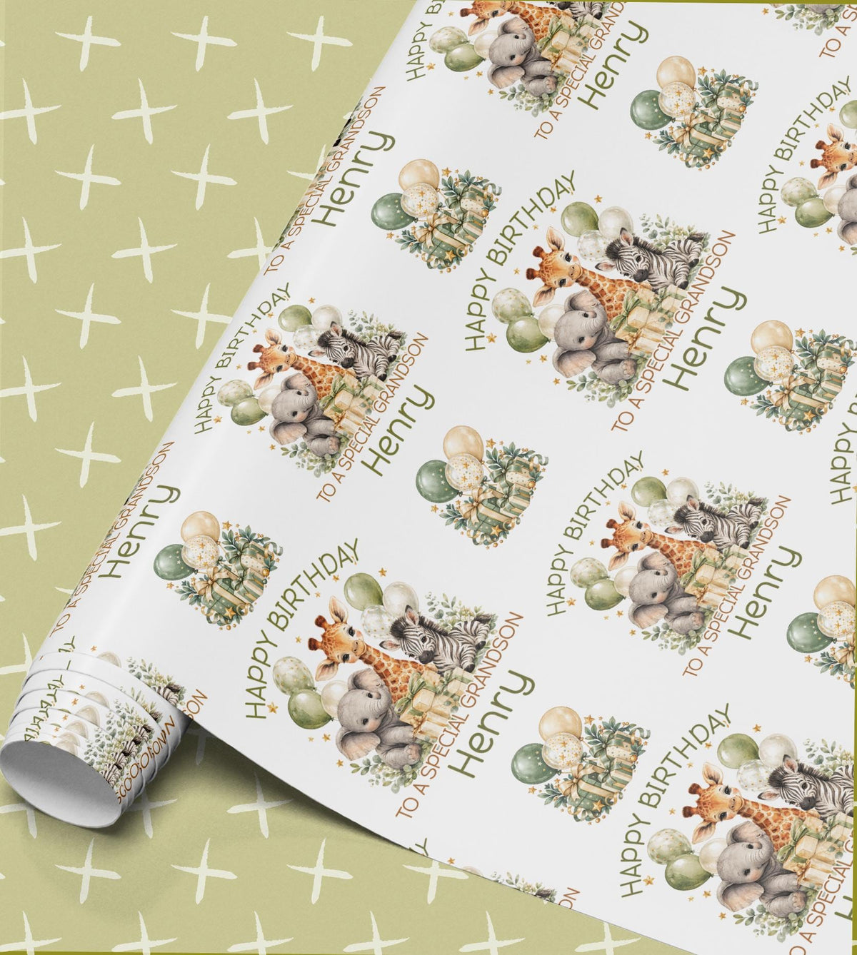 Personalised birthday wrapping paper with safari giraffes, zebras and elephants, sage green balloons, Happy Birthday with a relation and name