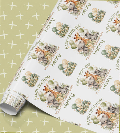 Personalised birthday wrapping paper with safari giraffes, zebras and elephants, sage green balloons, Happy Birthday with a relation and name