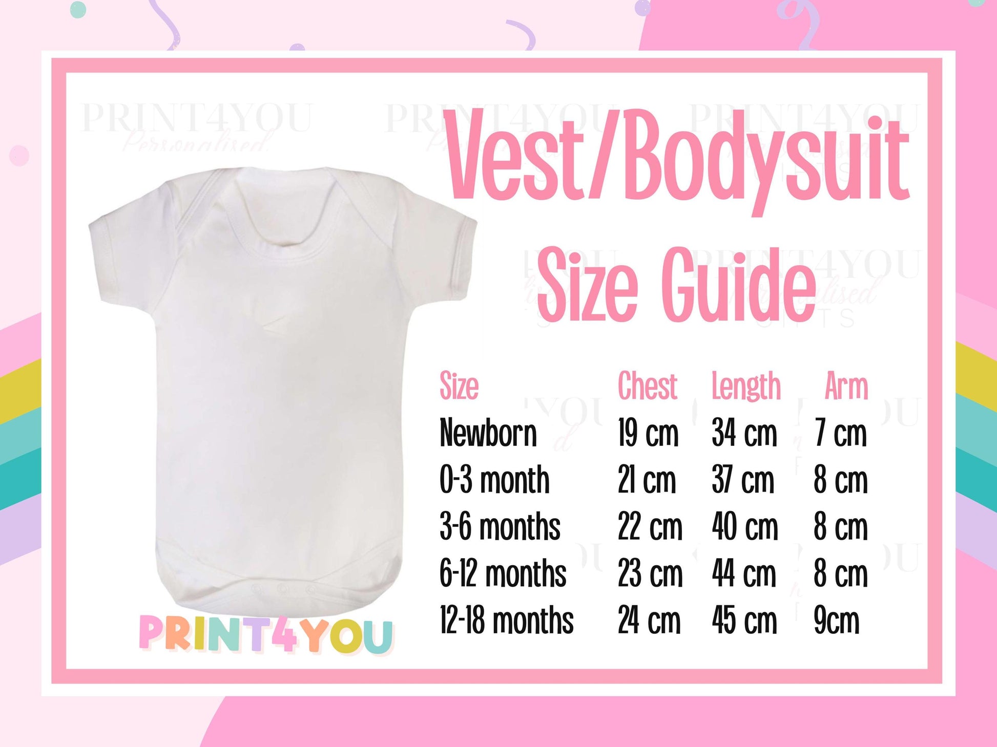 Vest and bodysuit size guide with chest, length and arm measurements from newborn to 12-18 months