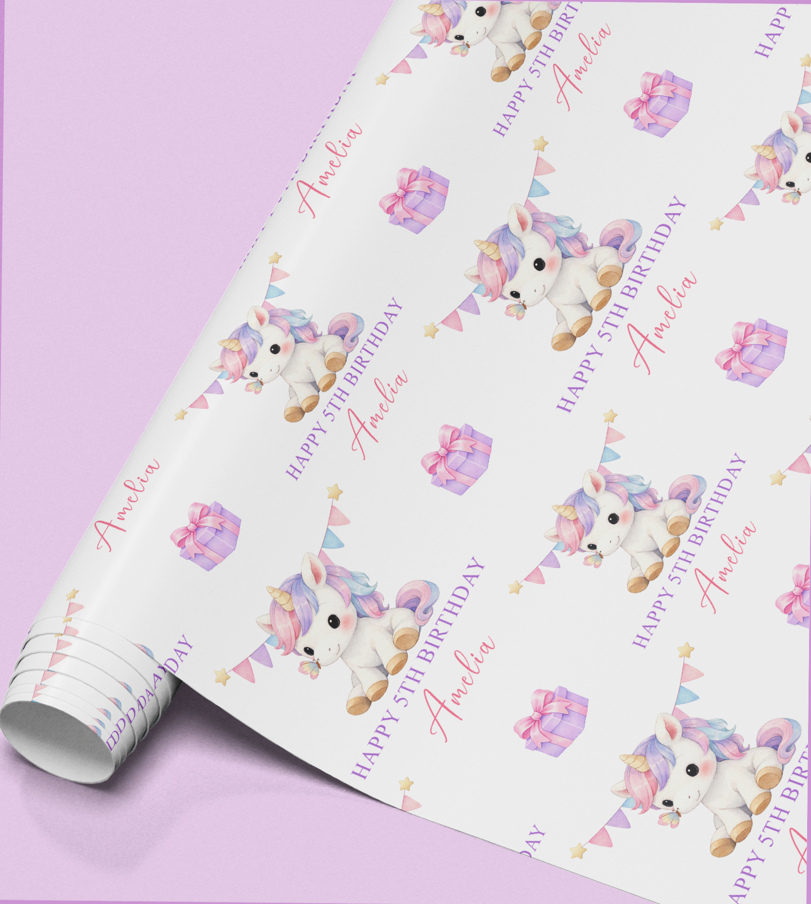 Full repeat pattern of the personalised unicorn wrapping paper design