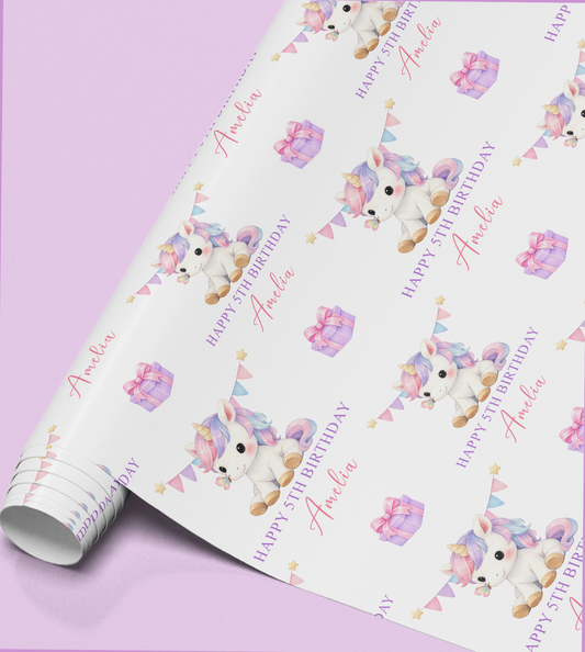 Full repeat pattern of the personalised unicorn wrapping paper design