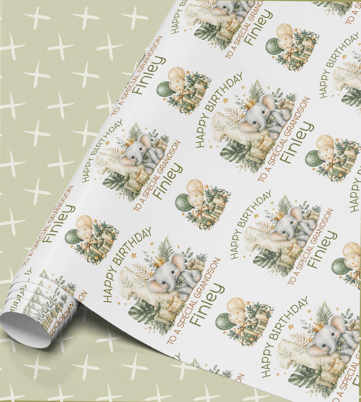 Personalised birthday wrapping paper in sage green with a baby elephant, wrapped presents and balloons, Happy Birthday with a relation and name