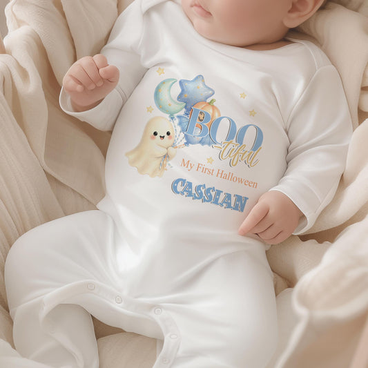 Personalised baby’s first Halloween sleepsuit with a cute ghost, blue moon and star balloons, pumpkin and child’s name.